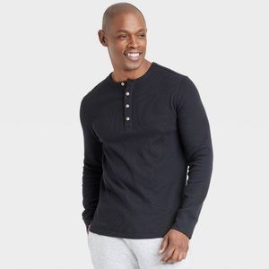 Goodfellow Men's Long Sleeve Black Textured Henley Shirt